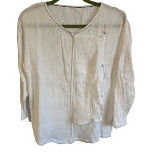 White Gauze‎ Cotton Long Sleeve Top Tunic Asymmetric Hem Lightweight Size Large